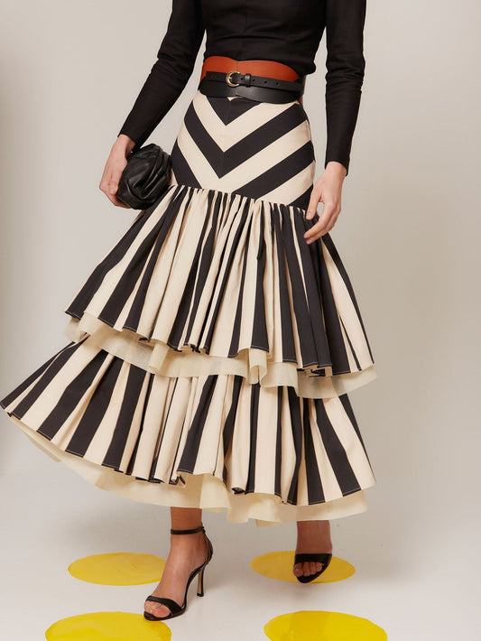 Chevron Striped Tiered Ruffle Midi Skirt