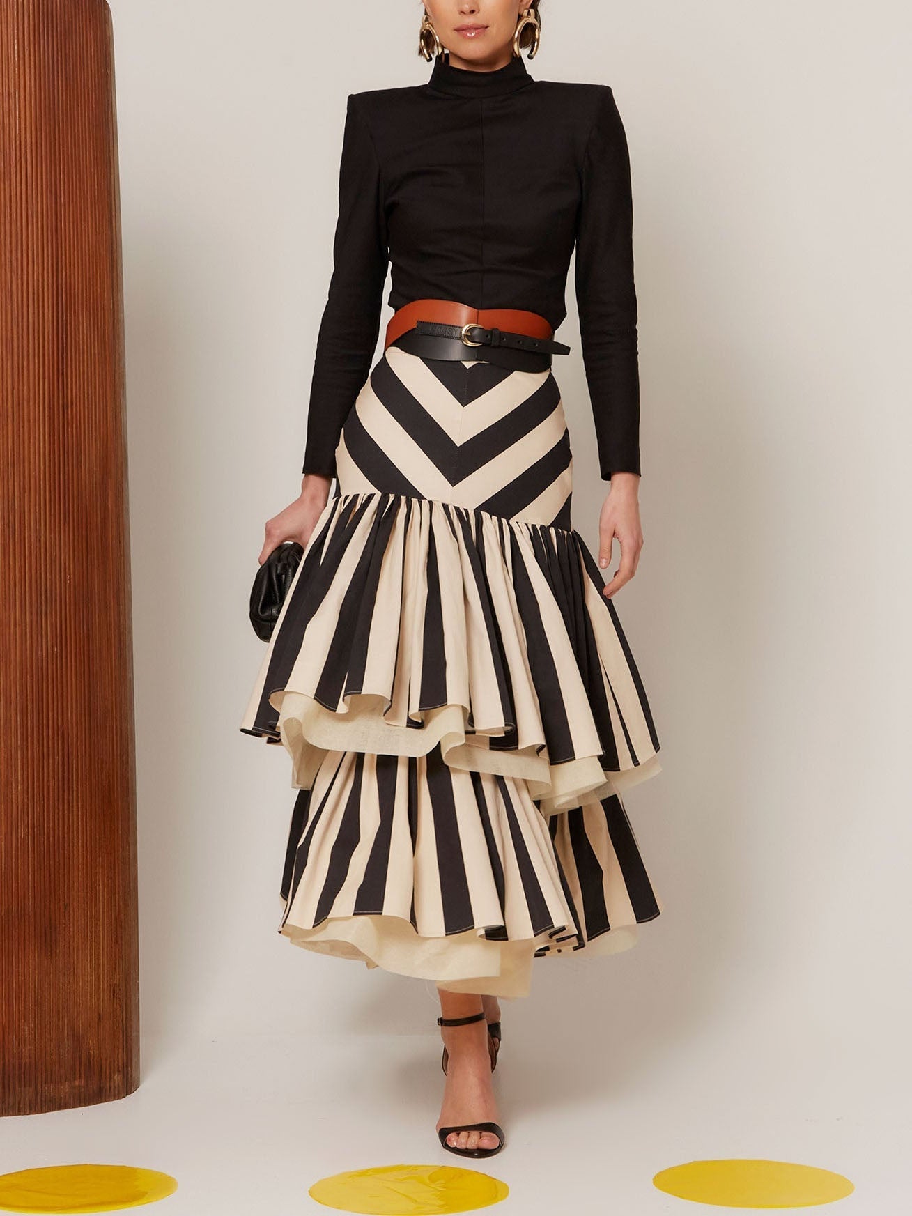 Chevron Striped Tiered Ruffle Midi Skirt