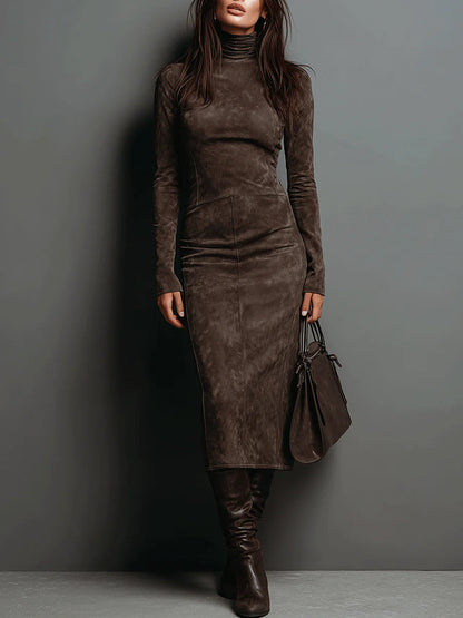 Lorène | Vestido midi marrón de efecto ante