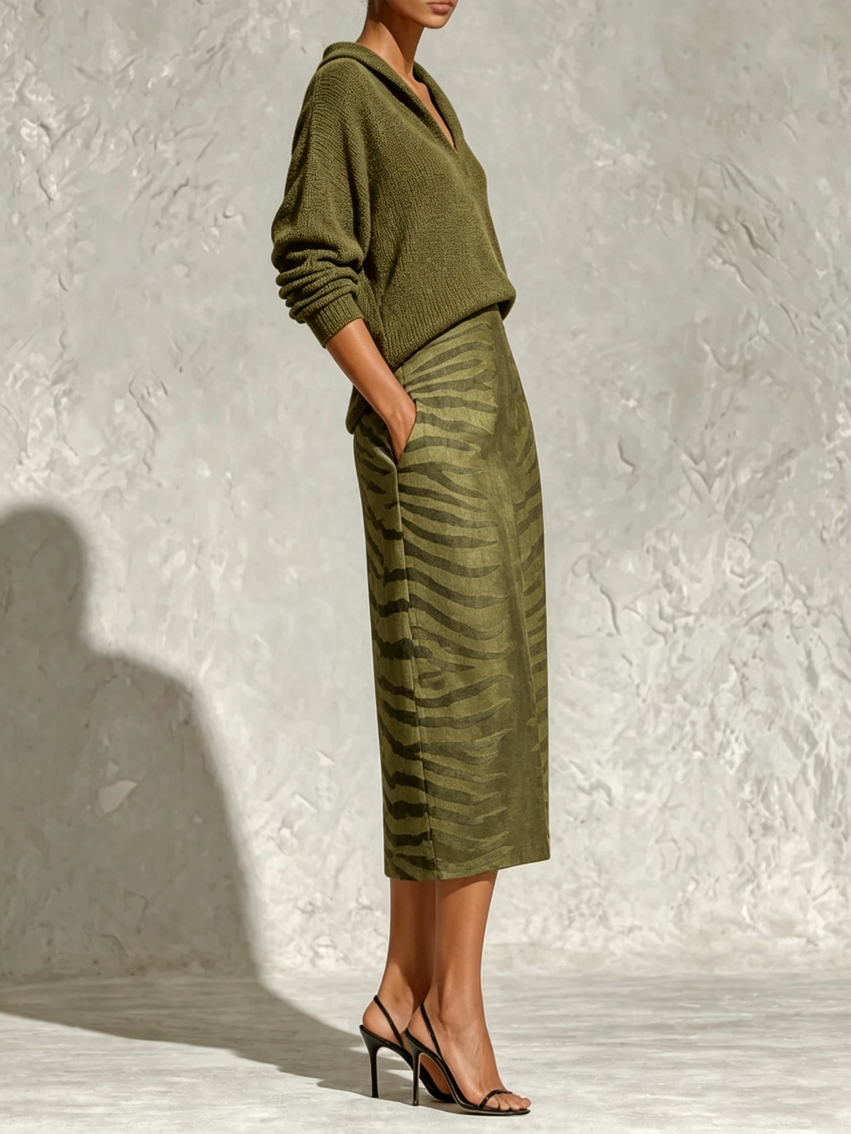 Black Collar Knit Top And Zebra Linen Midi Skirt Two‑Piece Set