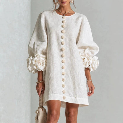 Vestido floral con mangas farol y cuello redondo